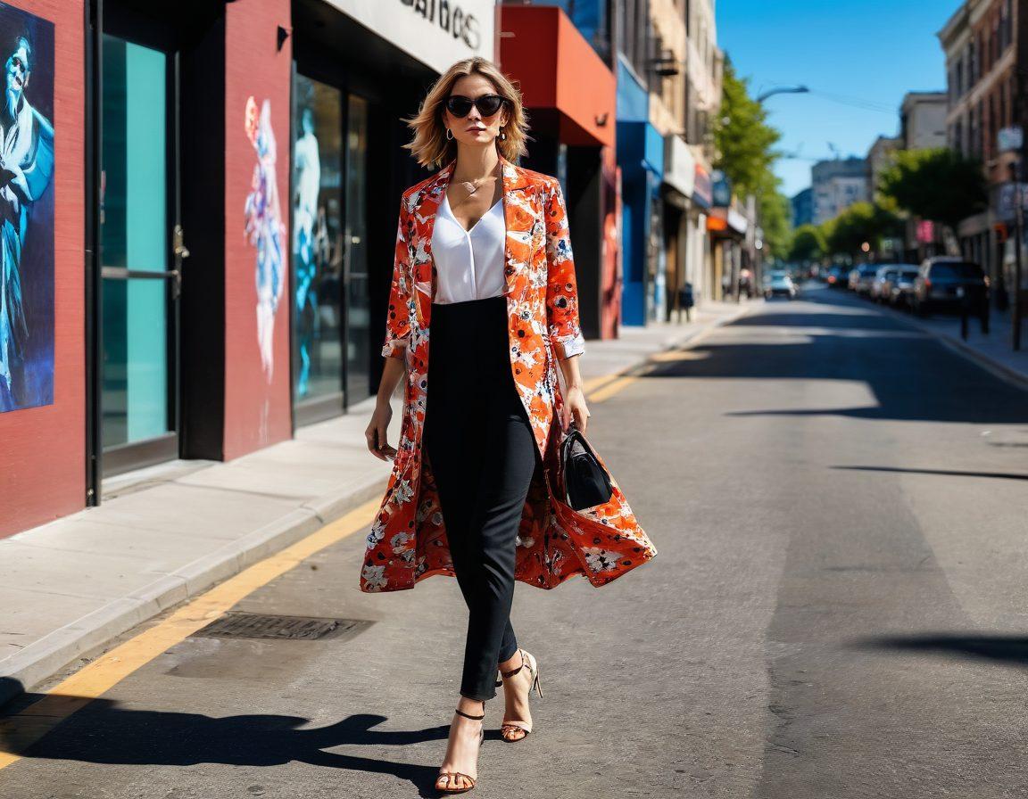 A stylish woman confidently walking through a contemporary urban street, draped in a blend of soft feminine fabrics and cutting-edge trendy elements. She showcases a mix of vibrant floral prints and sleek modern accessories, surrounded by buzzing fashion boutiques and street art that reflect current trends. Enhance the scene with a bright sunlight casting playful shadows, evoking a sense of modernity and elegance. super-realistic. vibrant colors. urban setting.