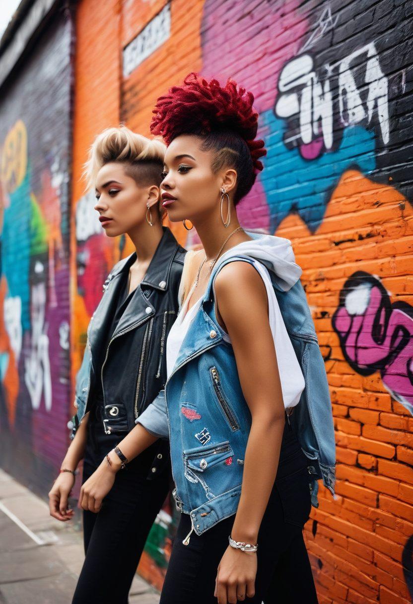 A vibrant urban scene showcasing diverse young women confidently expressing their unique styles through fashion and art. Incorporate elements like graffiti, bold accessories, and empowering slogans. Include a mix of hairstyles, colors, and cultural influences to highlight individuality and unity. The setting should be dynamic and energetic, capturing the spirit of youth culture and self-expression. colorful street art. super-realistic. dynamic composition.