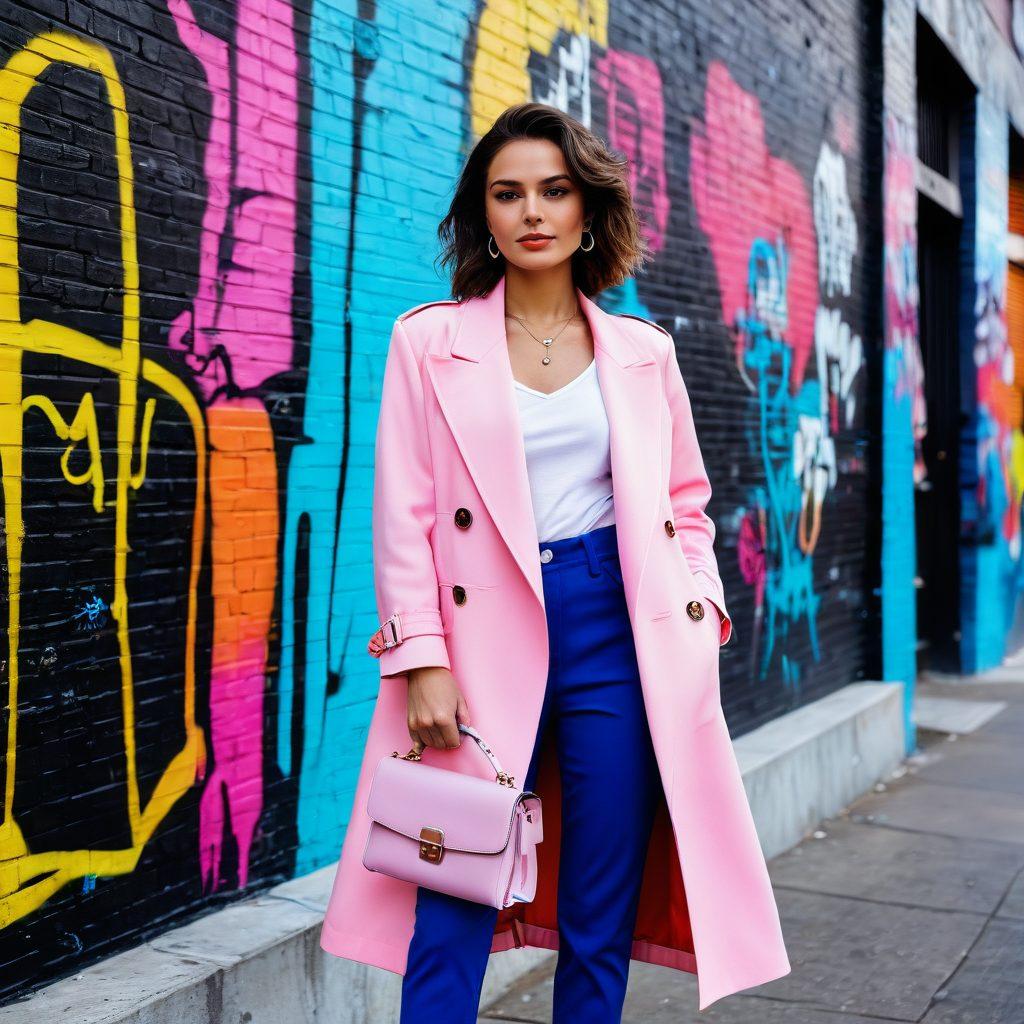 A trendy girl confidently embracing her femininity, dressed in a mix of modern fashion and bold accessories, standing in an urban setting. The background features neon graffiti that reflects contemporary style, while a soft pastel color palette enhances her vibrant attire. Include elements like stylish handbags and chic footwear to capture the essence of empowerment and elegance. super-realistic. vibrant colors. urban background.